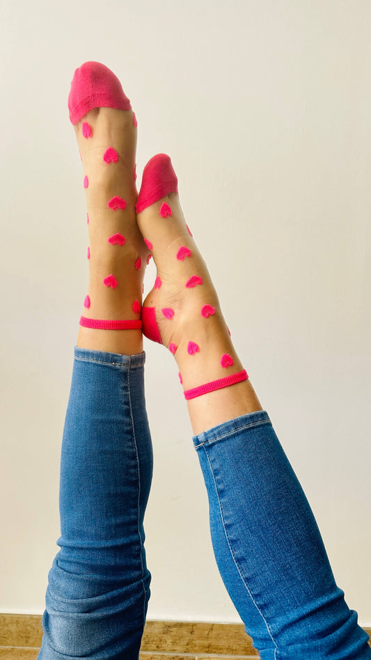 Laure - Chaussettes fantaisie coeurs rose flashy