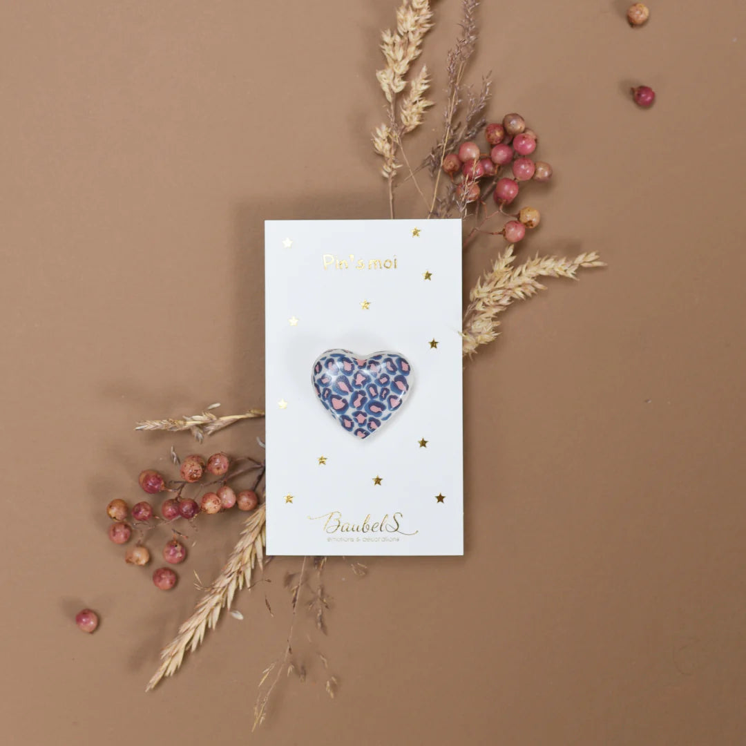 Pin's Coeur Leopard BLEU & ROSE en porcelaine